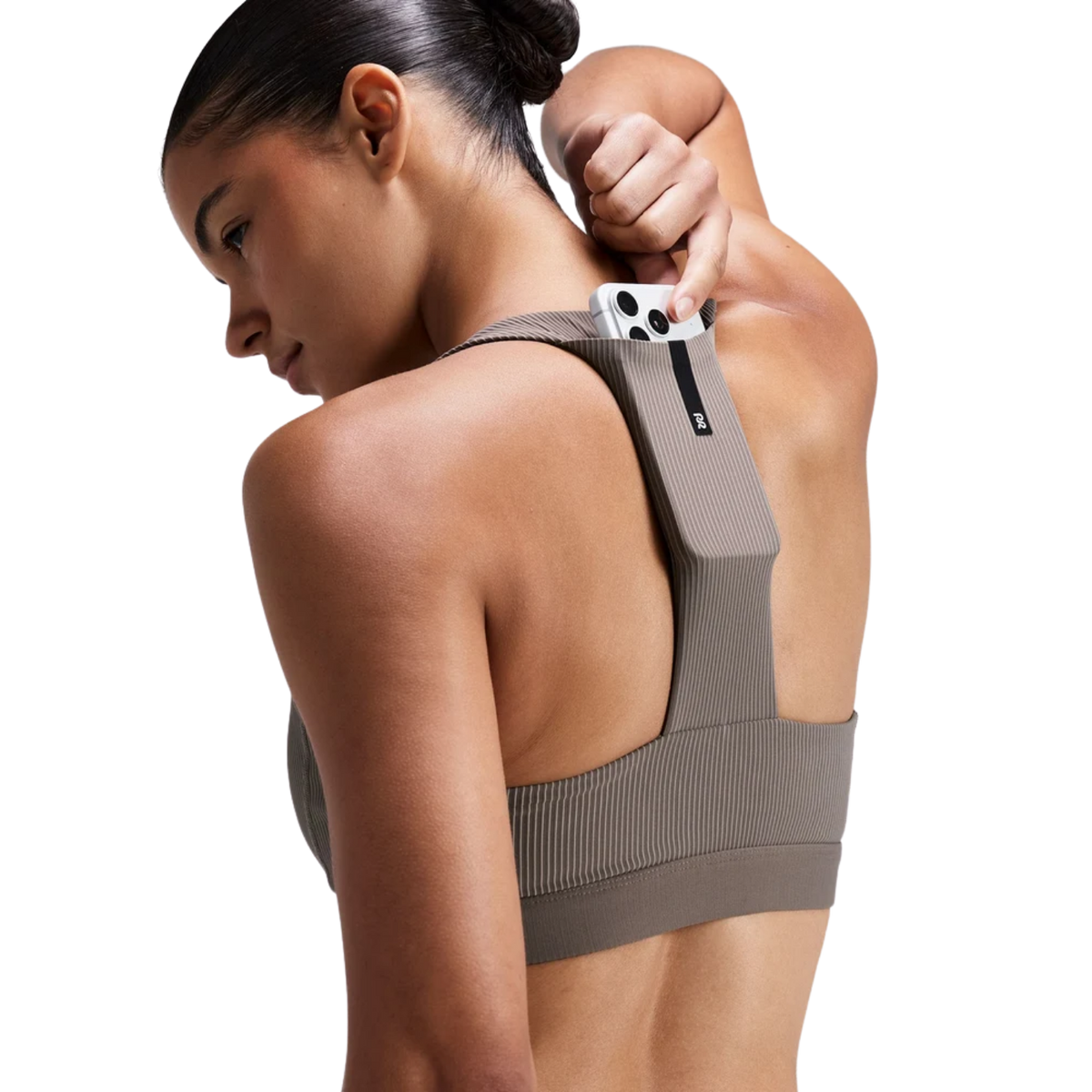 Bandit Running Women's Striped Cadence™ Scoop Neck T-Back Run Bra - Cocoa/Concrete Taupe