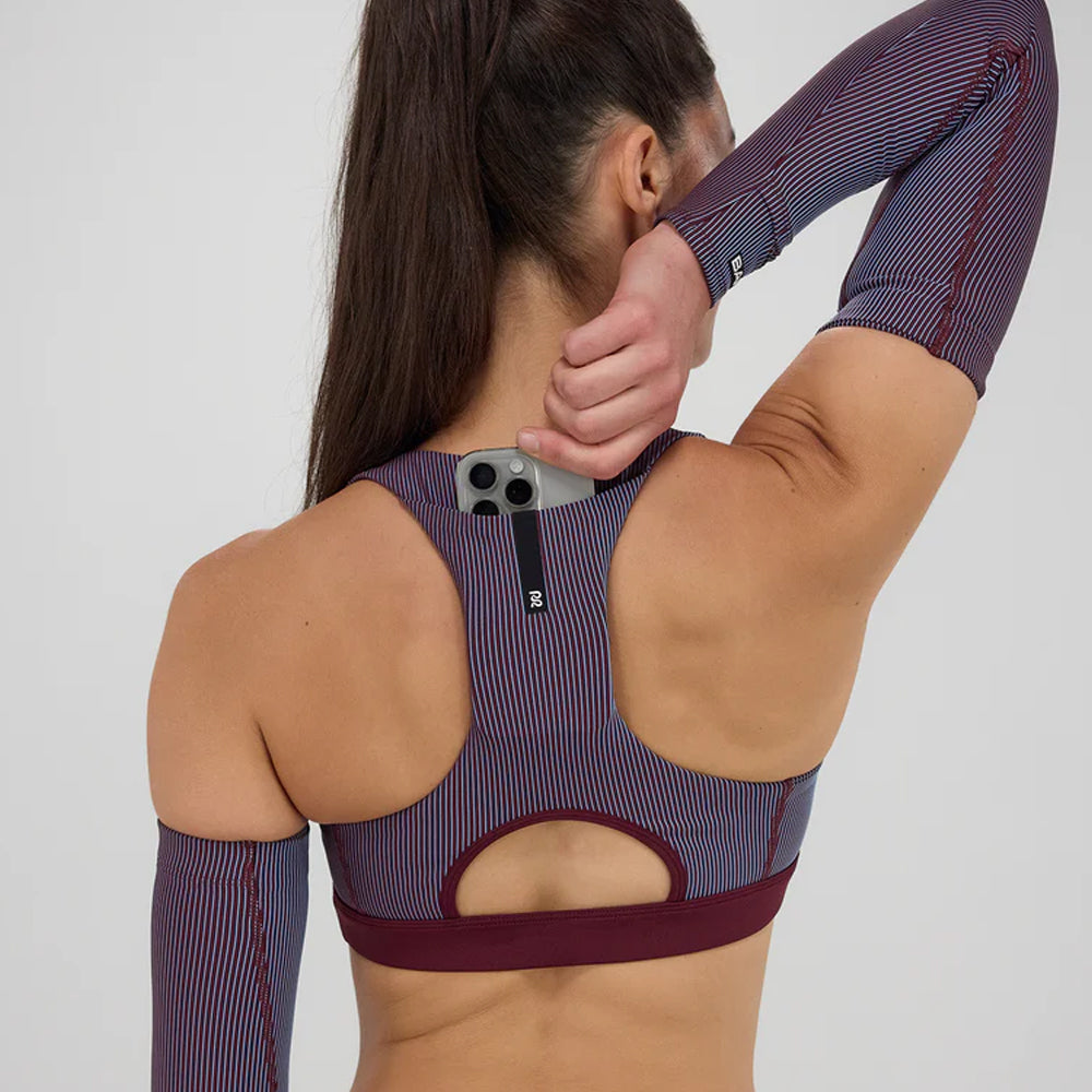 Bandit Running Striped Cadence Scoop Neck Run Bra - Fig/Vintage Blue