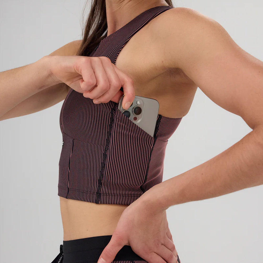 Bandit Running Striped Cadence Zip Front Race Crop - Black/Mauve