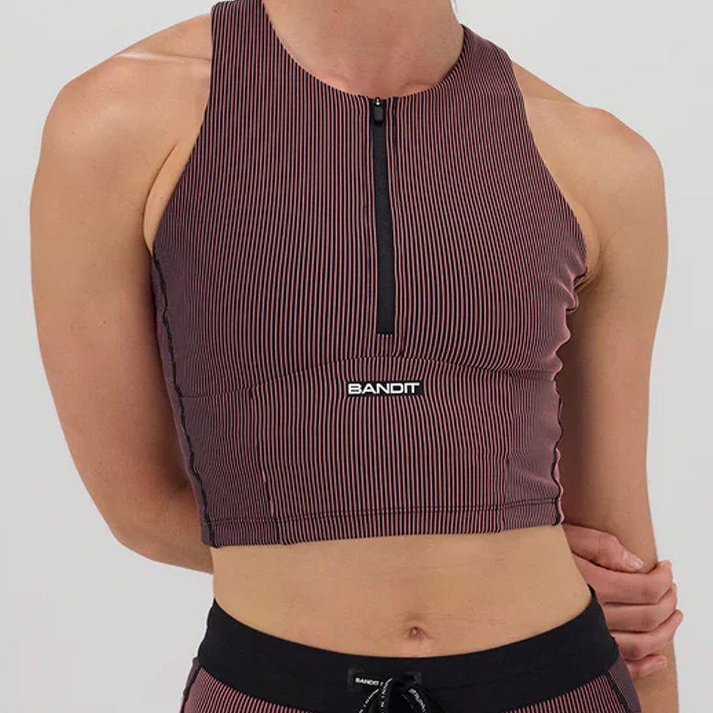 Bandit Running Striped Cadence Zip Front Race Crop - Black/Mauve